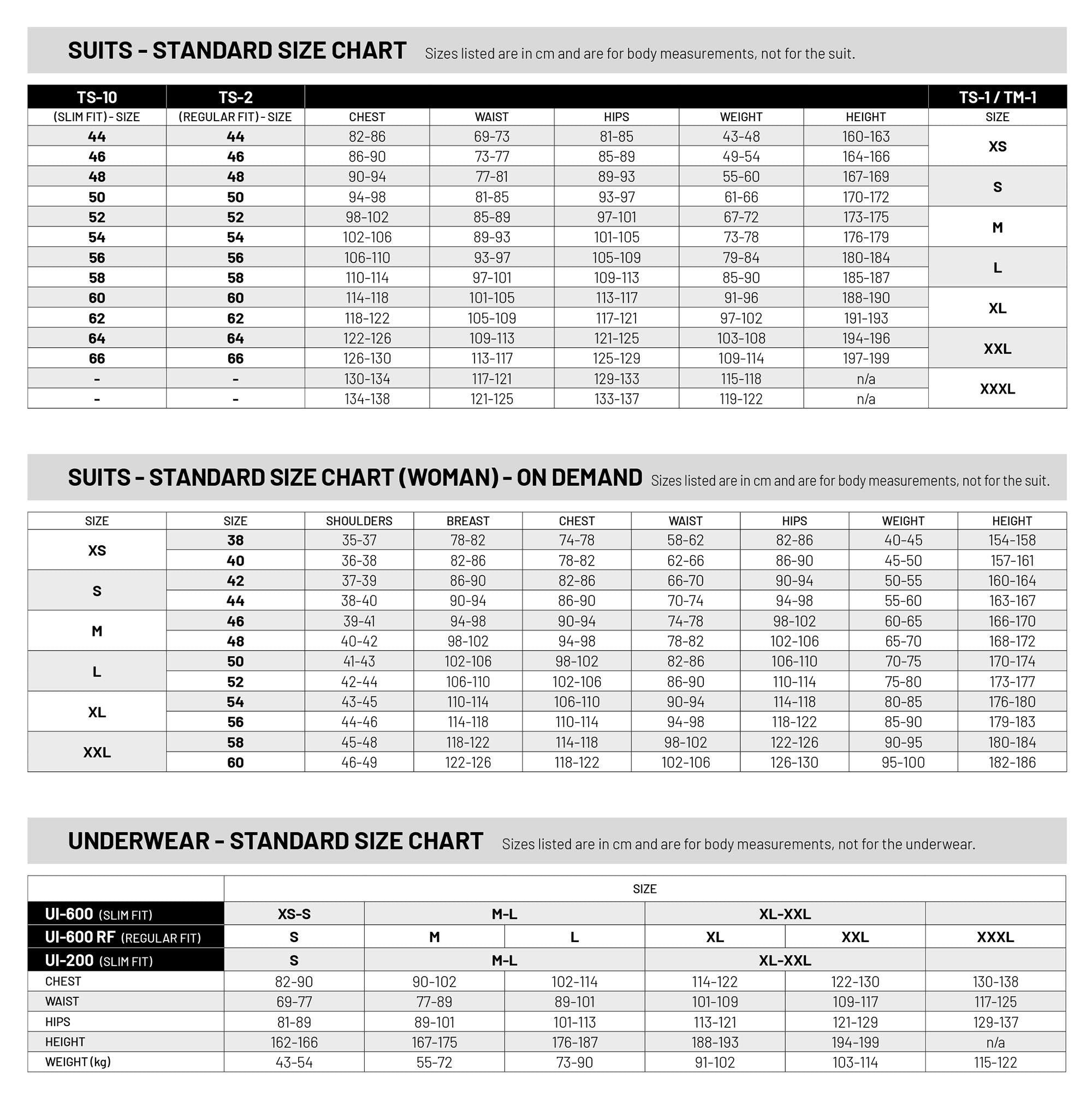 Sabelt Universe TS-8 size chart for standard and woman on-demand sizing